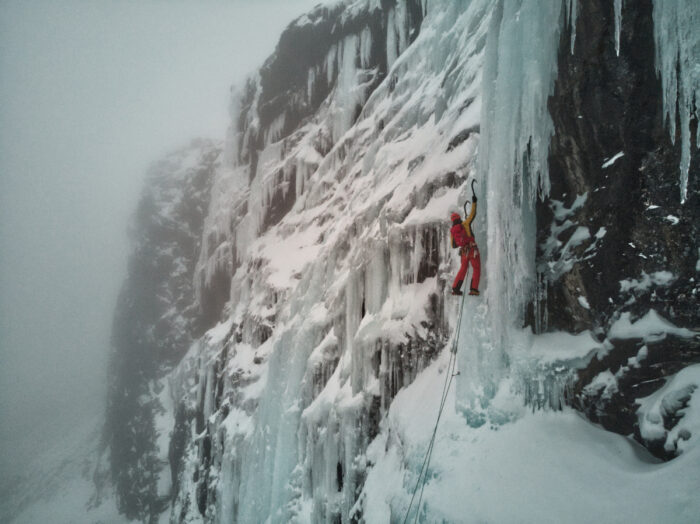 The climber on a courtain of ice.