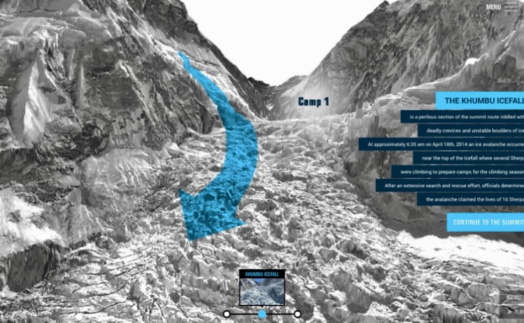 The path of the deadly 2014 avalanche in the Khumbu icefall.