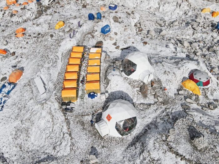tents in Everest Base Camp as seen from the air.