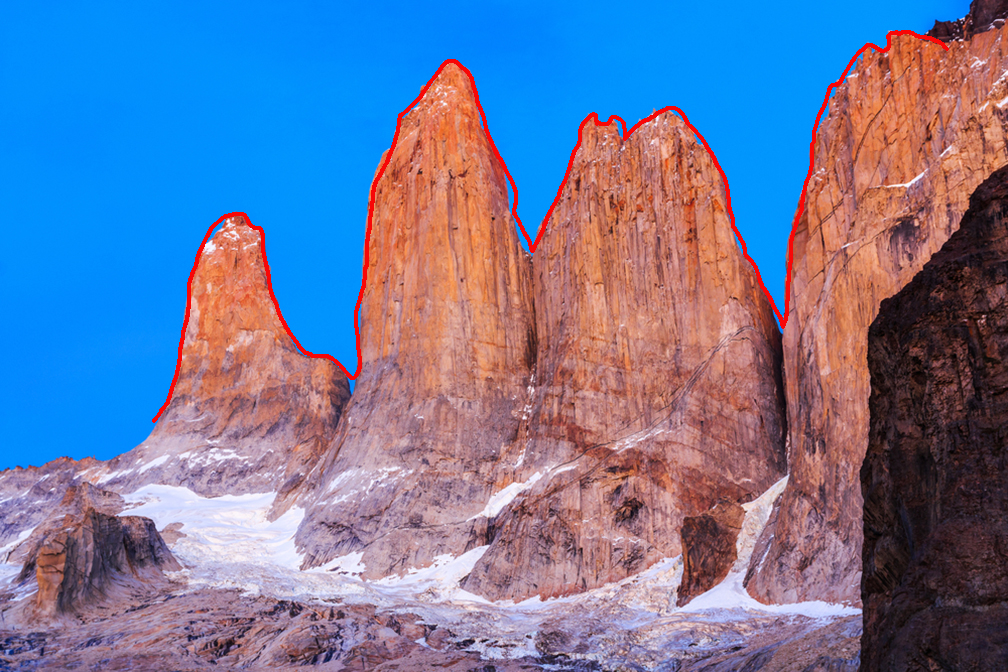 Torres del Paine with red line showing route. 