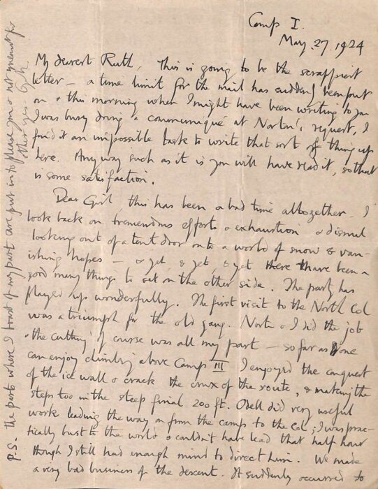 A photograpg of a letter handwritten by George Mallory