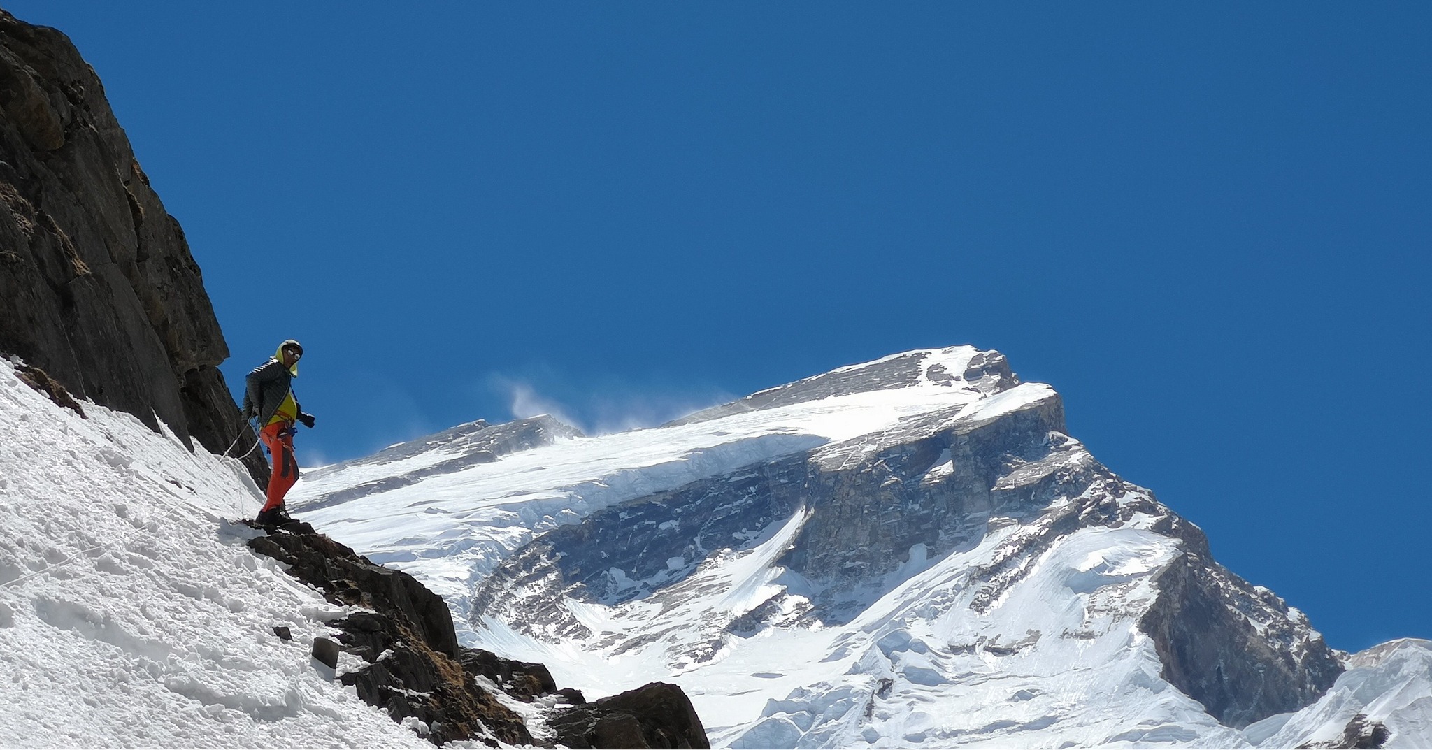 A climber on Annapurna, with its characteristic summit area behind