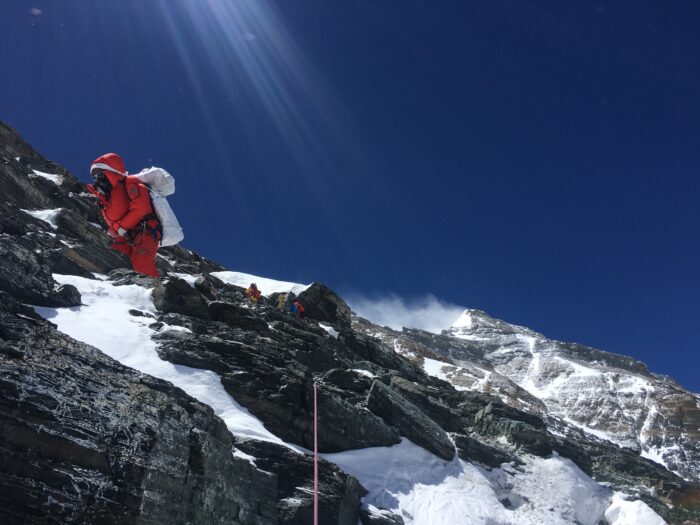 On Everest final ridge the summit in Background. 