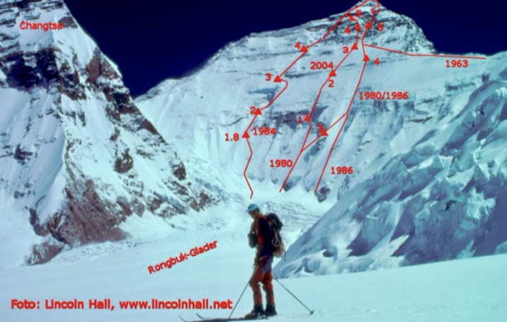 The 1980 Japanese and 1986 Swiss routes on the north face of Everest marked. Loretan and partners were climbing along the rib to the right of the Japanese Couloir of 1980. Then they would reach the Japanese route at an altitude of 7,000m in the couloir itself.