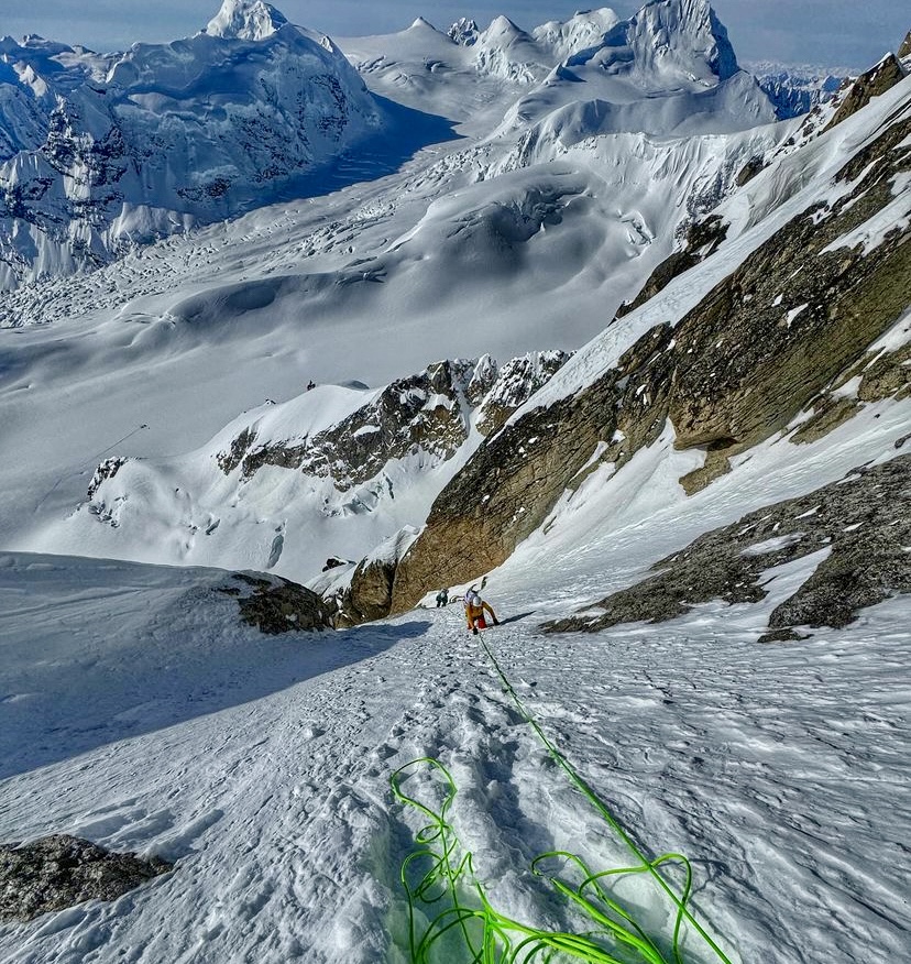 The climbers ascending the new line on the south face of Mount Providence.