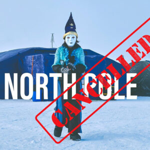 a sad clown in front of the Barneo ice camp, with a canceled stamp over the photo