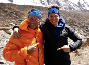 Marek Holecek, left, and Matej Bernat arm in arm at Sura Peak base camp.