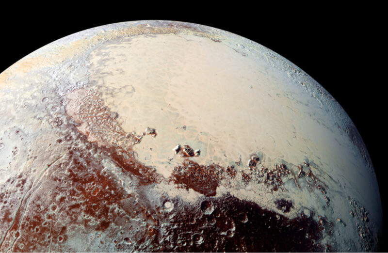 A high-resolution image captured by NASA’s New Horizons spacecraft combines blue, red and infrared images taken by the Ralph/Multispectral Visual Imaging Camera (MVIC