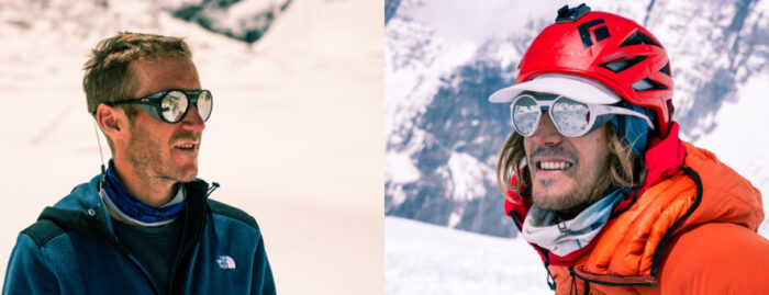 Close shots of Oswald Rodrigo Pereira and Bartek Ziemski in the moutnains, wearing sunglasses.