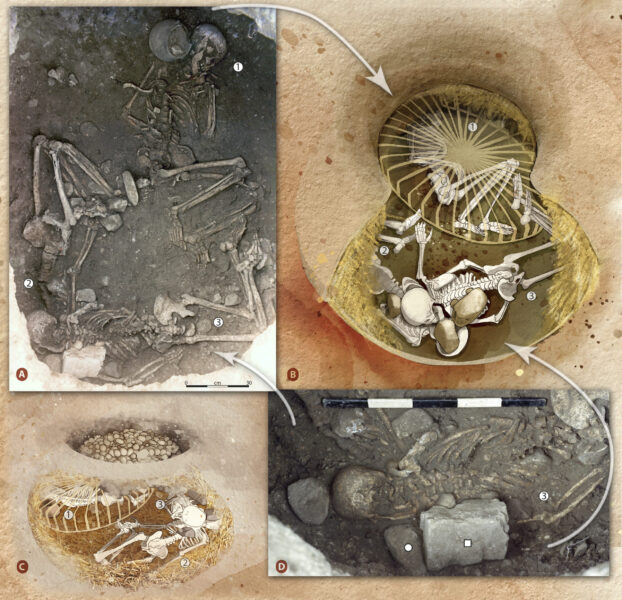A and D are photos tkane of the tomb, B and C are i age reconstructions of the burial.