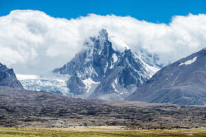 clouds backing the spiky peak of Shisha Pangma.
