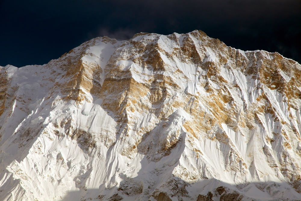 The south face of Annapurna, Nepal: A rock and ice, vertical face under a nearly black sky.