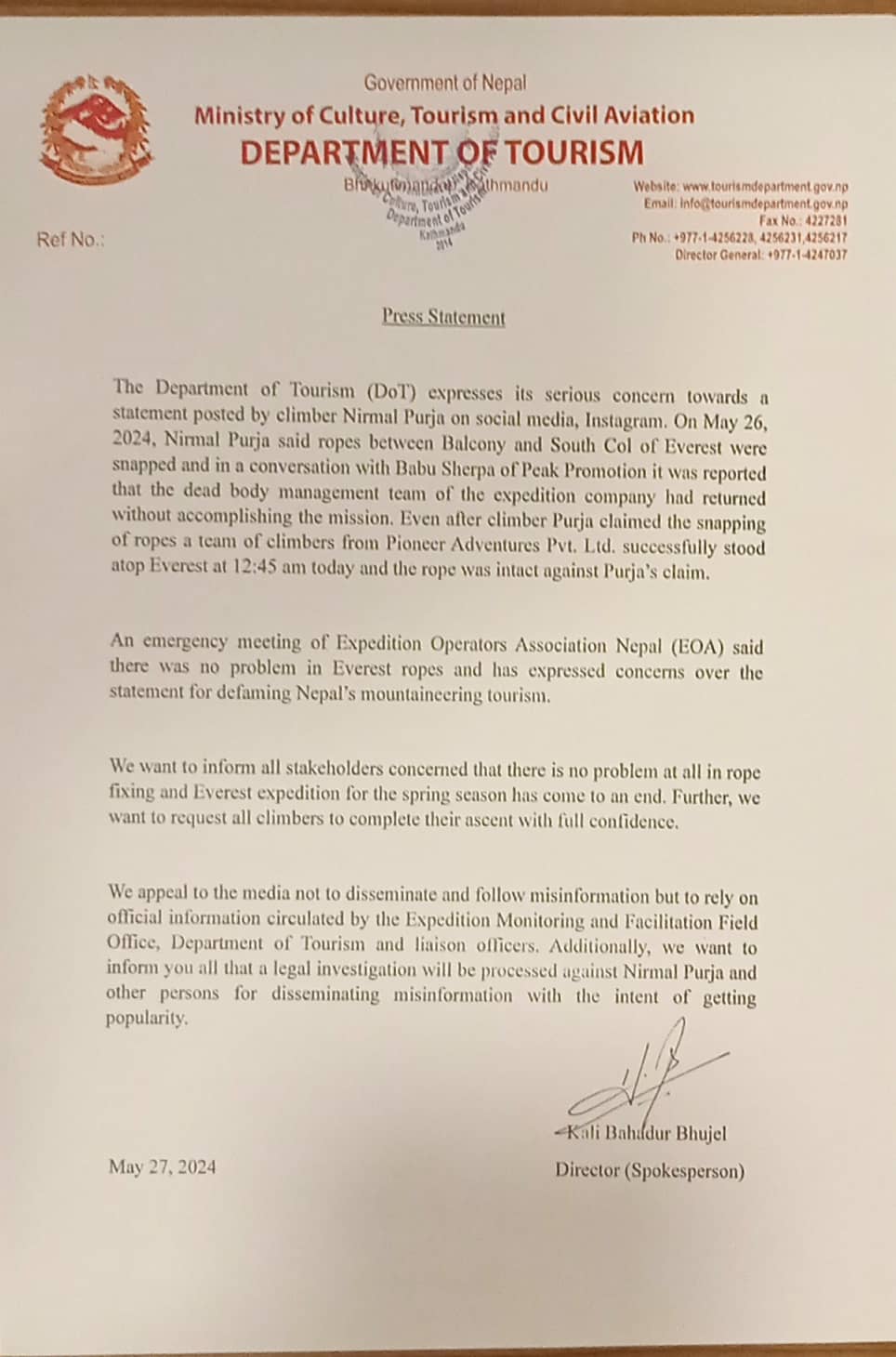 Press release in English by Nepal's Department of Tourism concerning Nirmal Purja