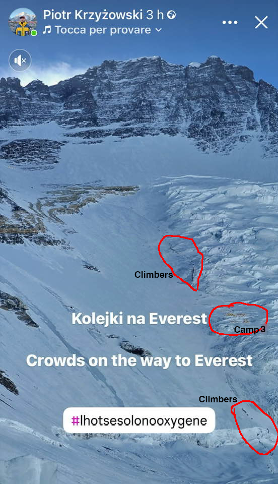 Camp 3 on Everest with climbers above and below