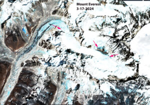 Sentinel satellite image showing Everest and the Khumbu glacier with areas in blue ice marked
