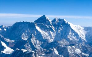 Nuptse, Everest, and Lhotse from the air on a clear day.