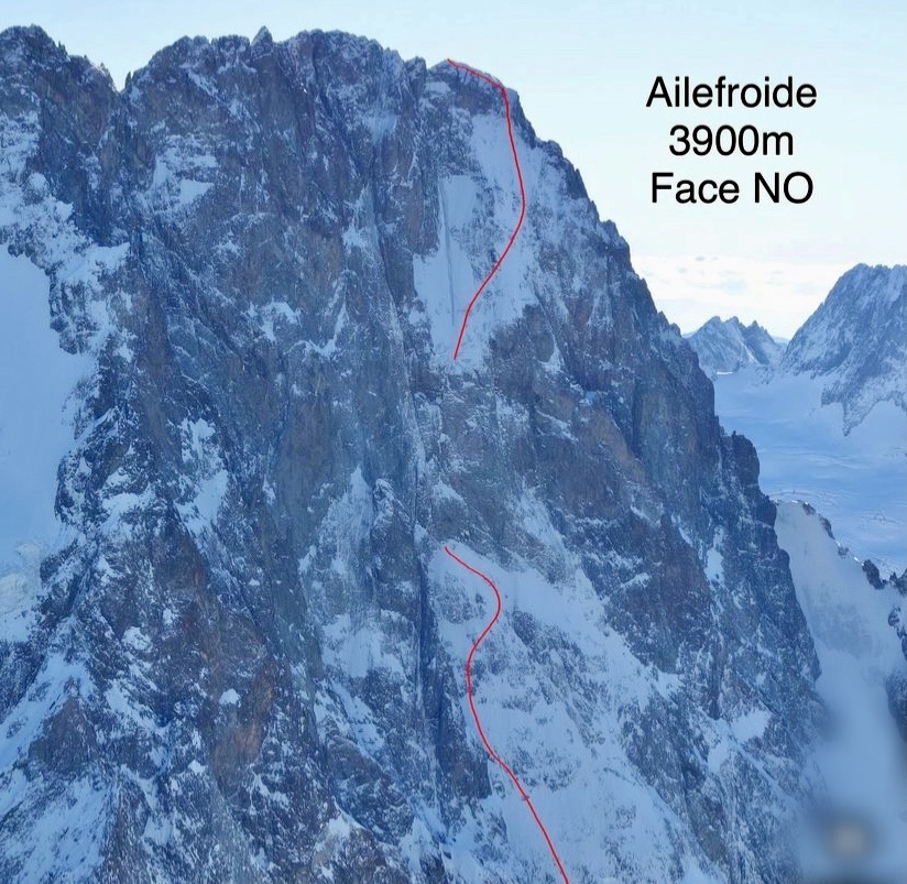 The first ski descent line on the northwest face of Ailefroide.