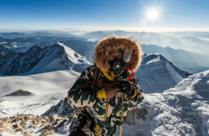 The Sherpa wears supplementary Oxygen on the summit of Makalu, mountains in background.