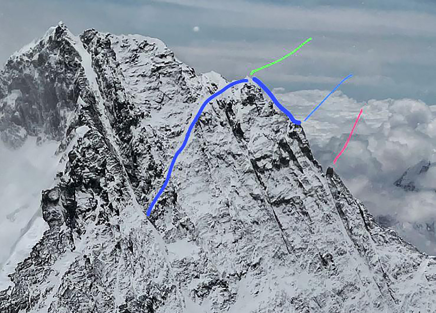 The lhotse face with the new variation marked in blue.