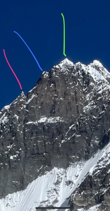 Lhotse South Face, summit area, with potential exit point between characteristic rock features