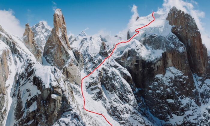 Ski descent line on Great trango Tower's west face, marked in red