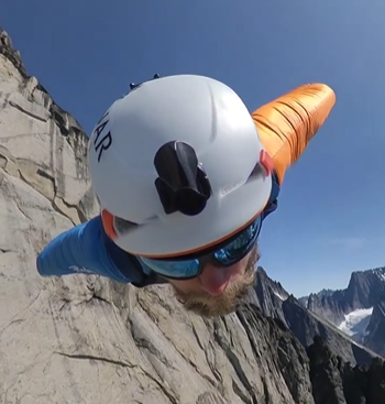 Howell while flying after a wingsuit jump. photo shot from a Headcam.