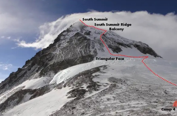 The summit pyramid of Everest with the Balcony and south summit marked