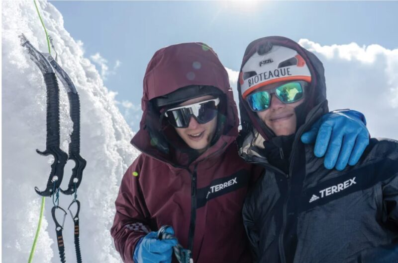 The Odells on the summit of Taulliraju after making the fourth ascent of the Italian Pillar.
