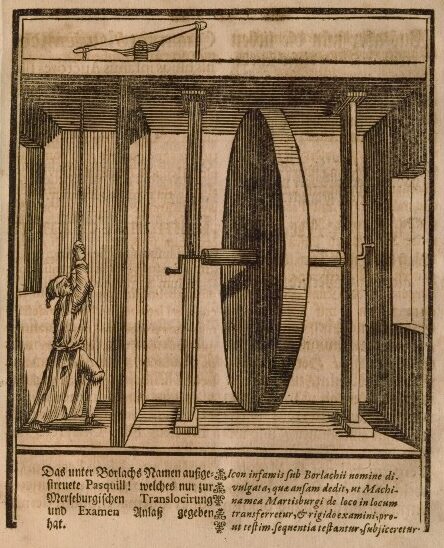 A woodcut of a wheel sitting in a closed room, supported by two axles that stretch from the floor to the ceiling. A rope runs up through one of the supports and comes down in an adjacent room, where a man pulls it.