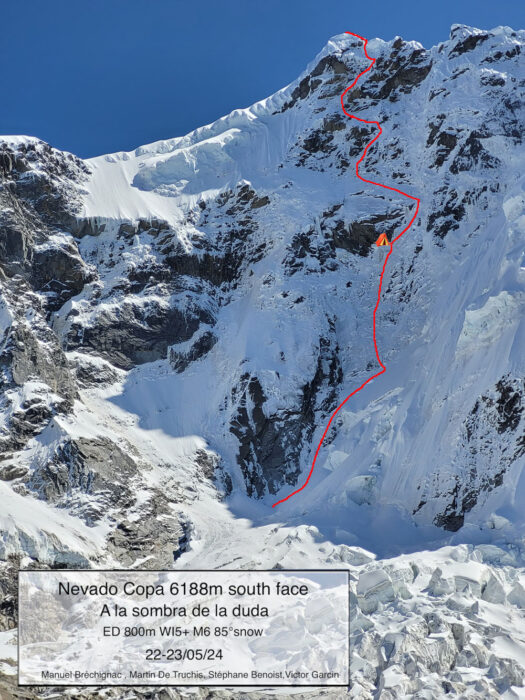 Route marked in red on a photo of Nevado Copa