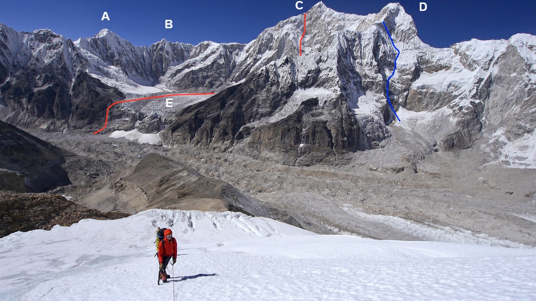 Looking west from the lower slopes of Talung. (A) Tso Kang North (6,309m). (B) Tete du Butoir (ca 6,500m). (C) 7,711m Jannu with the line of the Russian route, Unfinished Symphony ó, including the initial rock buttress above the Talung Glacier to reach (E) Jannu plateau of Jannu Southeast Glacier. (D) 7,468m Jannu East, showing the best attempt to date on its east face, reaching 7,100m (Furlan, Pockar, 1992).