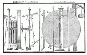 A woodcut of a wheel supported by many axes, all interconnected.