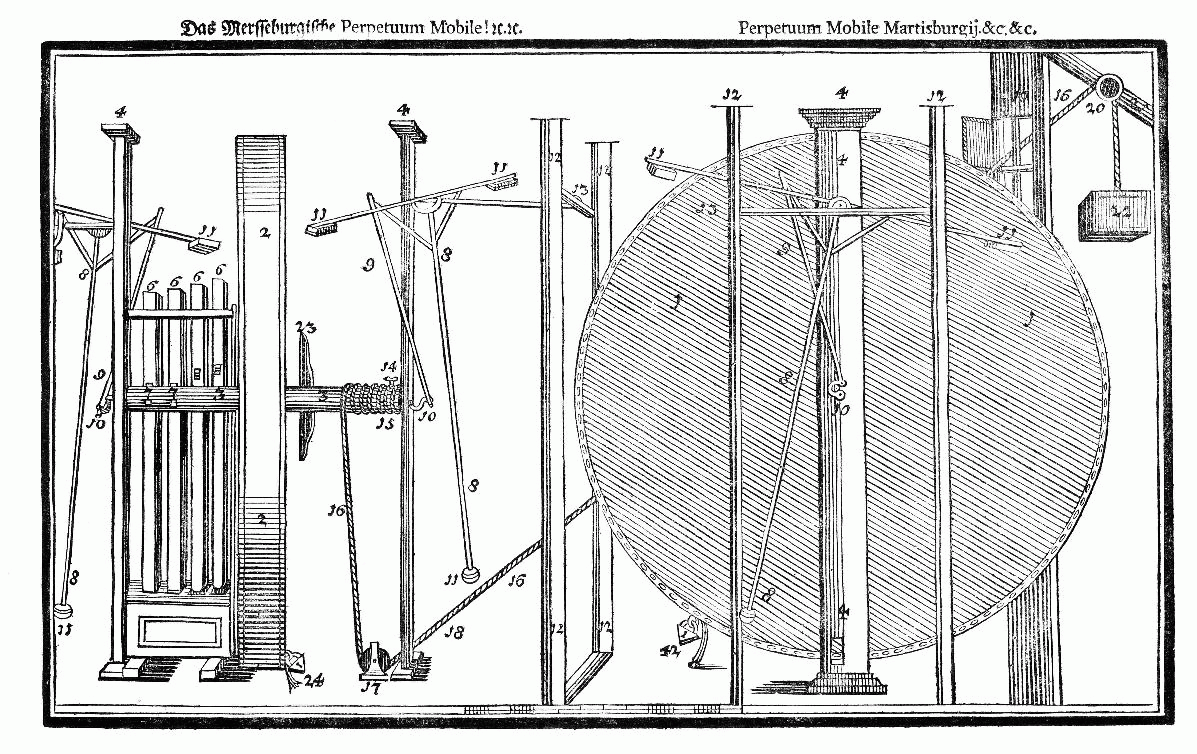 A woodcut of a wheel supported by many axes, all interconnected.