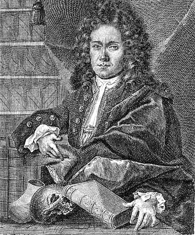 Detailed woodcut of a man in a curly wig, both hands resting on books. A skull and a vessel rest on the desk before him.