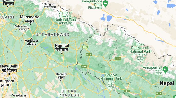 Google maps whowing Northern India, and the borters with Tibet and Nepal