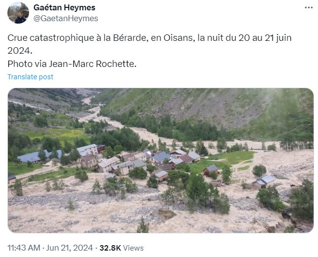 Post on X showing a picture of the village flooded