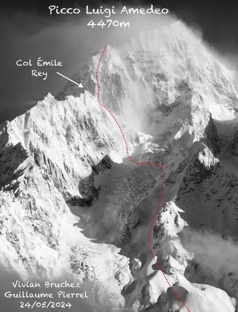 Ski line marked in red on a photo of Luigi Amedeo point