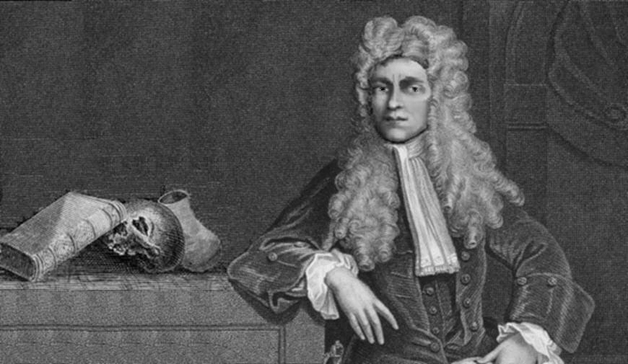 woodcut of man in a curly wig