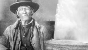 Jim Bridger superimposed over a geyser