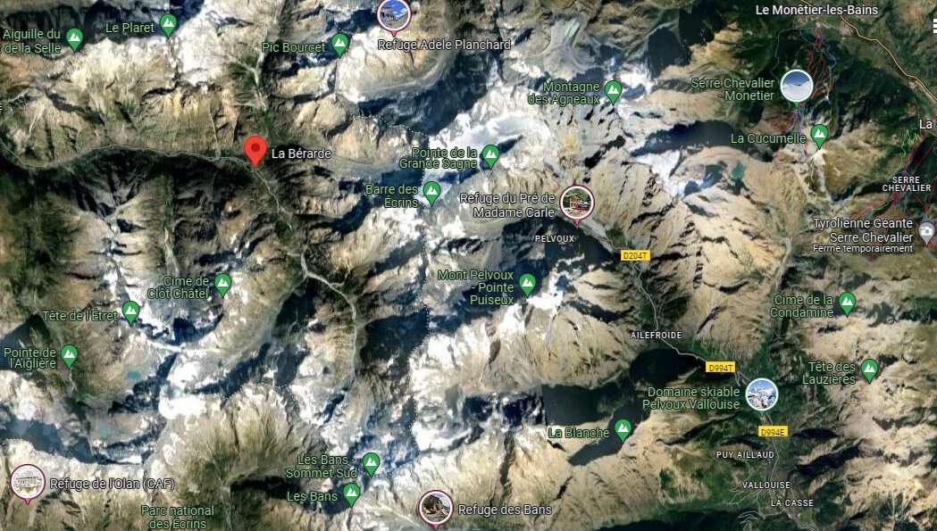 La Berarde located on Google maps, with mountain huts and peaks around.