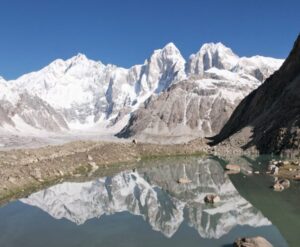 The Pumari Chhish massif reflecting on a lake