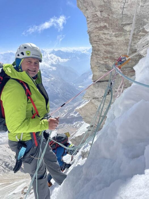 Prezelj at a belay point on a mixed route in Nanda Devi area