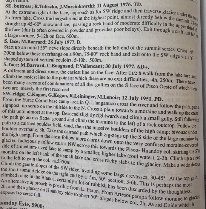 Pages from <em>Climbs of the Cordillera Blanca of Peru</em> by David M. Sharman, 1995.