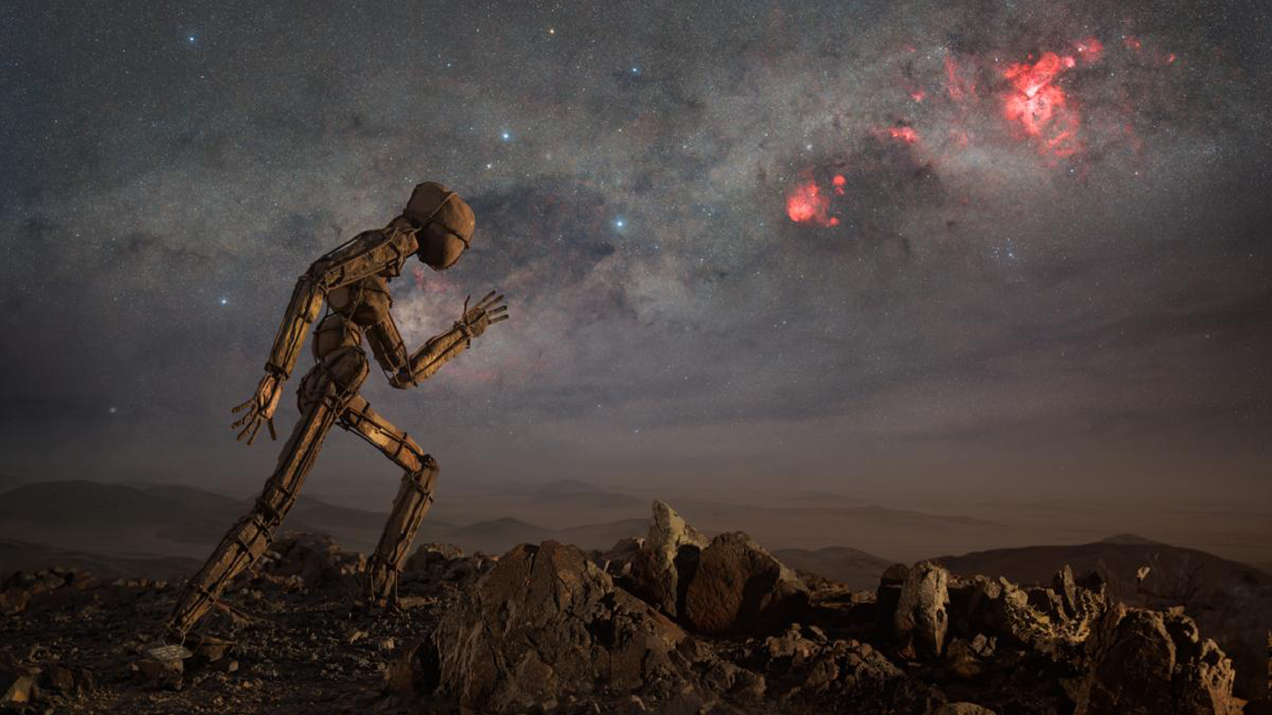 weird figure striding across space-like background