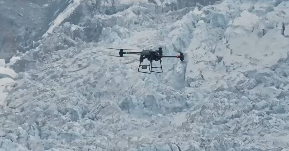 A large drone soard from Everest Base Camp