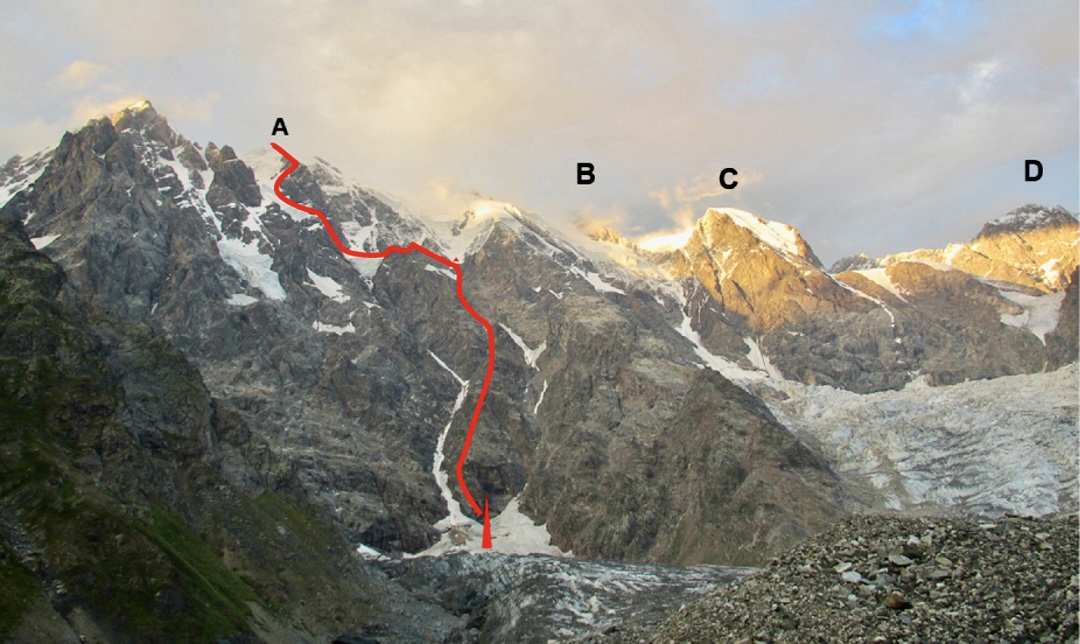 The Kartvelishvili Route with the 2015 Georgian variation, on the southwest face of Dzhangi-Tau in the Caucasus.