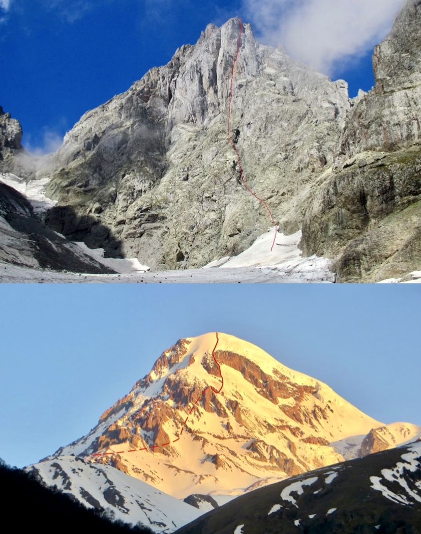 Top photo: the Badriashvili-Tepnadze route during the first ascent of the east face of Asatiani. Bottom photo: The Dragon's Wall the east face) of Kazbek and the line of the Georgian winter route.