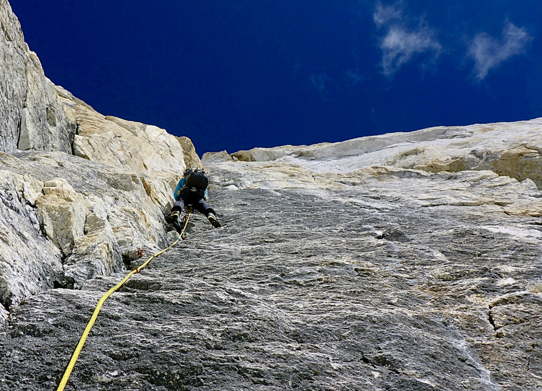 High on the headwall of the Georgian Route on the southeast face of Larkya Peak.