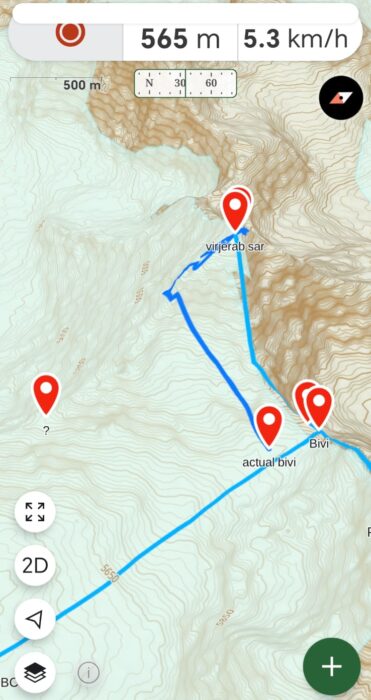 Route planned (in light blue) and the actual GPS track of the finally climbed line on Virjerab Sar.