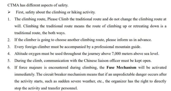 Document with safety regulations by te CTMA for Tibet peaks